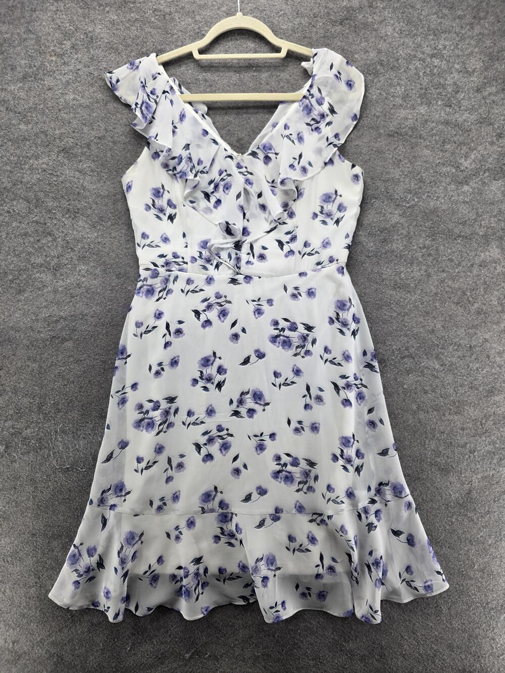DKNY Dress Womens 8 White Fit & Flare V-Neck Sundress Lined Ruffle Chiffon